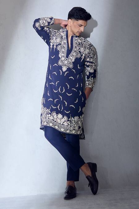 Buy_Aariyana Couture_Blue Silk, Lycra, Polyester Embroidery Resham Work Kurta And Pant Set