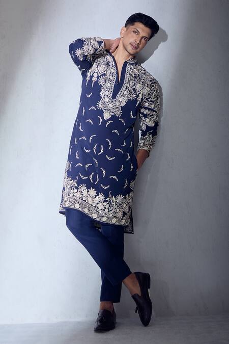 Shop_Aariyana Couture_Blue Silk, Lycra, Polyester Embroidery Resham Work Kurta And Pant Set