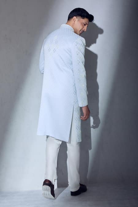 Shop Aariyana Couture Blue Silk, Cotton Embroidery Sherwani And Churidar Set at Aza Fashions Shop_Aariyana Couture_Blue Silk, Cotton Embroidery Sherwani And Churidar Set_at_Aza_Fashions