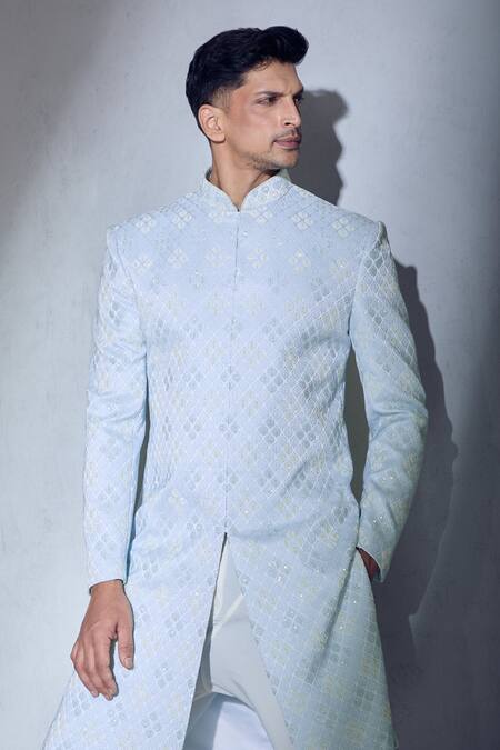 Aariyana Couture Blue Silk, Cotton Embroidery Sherwani And Churidar Set Online at Aza Fashions Aariyana Couture_Blue Silk, Cotton Embroidery Sherwani And Churidar Set_Online_at_Aza_Fashions
