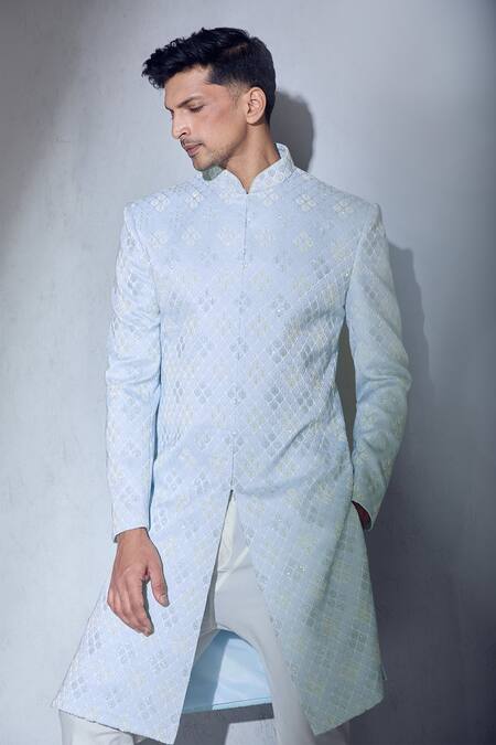 Buy Aariyana Couture Blue Silk, Cotton Embroidery Sherwani And Churidar Set Online at Aza Fashions Buy_Aariyana Couture_Blue Silk, Cotton Embroidery Sherwani And Churidar Set_Online_at_Aza_Fashions