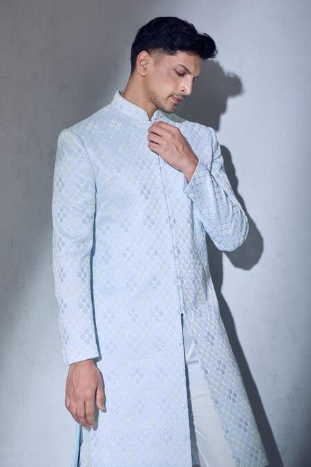 Shop Aariyana Couture Blue Silk, Cotton Embroidery Sherwani And Churidar Set Online at Aza Fashions Shop_Aariyana Couture_Blue Silk, Cotton Embroidery Sherwani And Churidar Set_Online_at_Aza_Fashions