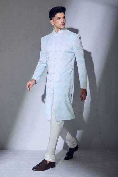 Aariyana Couture Blue Silk, Cotton Embroidery Sherwani And Churidar Set at Aza Fashions Aariyana Couture_Blue Silk, Cotton Embroidery Sherwani And Churidar Set_at_Aza_Fashions