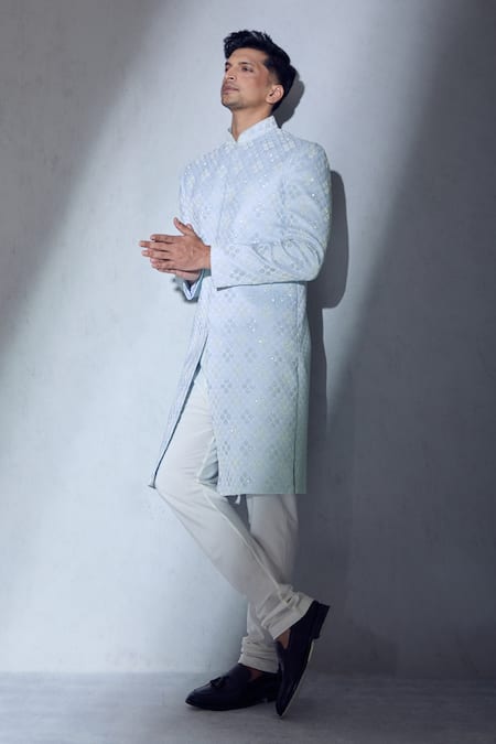 Buy Aariyana Couture Blue Silk, Cotton Embroidery Sherwani And Churidar Set Buy_Aariyana Couture_Blue Silk, Cotton Embroidery Sherwani And Churidar Set