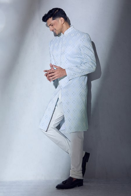 Shop Aariyana Couture Blue Silk, Cotton Embroidery Sherwani And Churidar Set Shop_Aariyana Couture_Blue Silk, Cotton Embroidery Sherwani And Churidar Set
