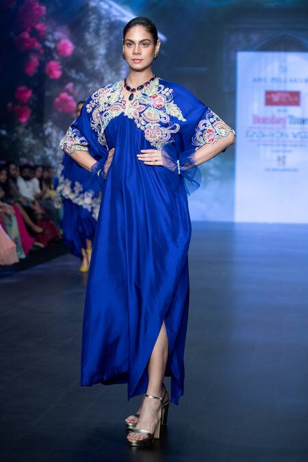 Shop_Anu Pellakuru_Blue Silk Embroidery, Sequins, Beads V-neck Resham Floral Kaftan _Online_at_Aza_Fashions