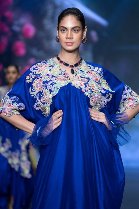 Anu Pellakuru_Blue Silk Embroidery, Sequins, Beads V-neck Resham Floral Kaftan _at_Aza_Fashions