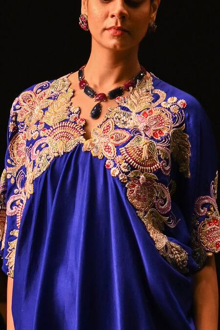 Buy_Anu Pellakuru_Blue Silk Embroidery, Sequins, Beads V-neck Resham Floral Kaftan 
