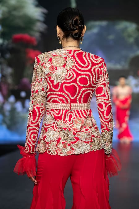 Shop Anu Pellakuru Red Georgette, Silk Zari, Beads, Floral Zardozi Embroidered Jacket Palazzo Set at Aza Fashions Shop_Anu Pellakuru_Red Georgette, Silk Zari, Beads, Floral Zardozi Embroidered Jacket Palazzo Set _at_Aza_Fashions