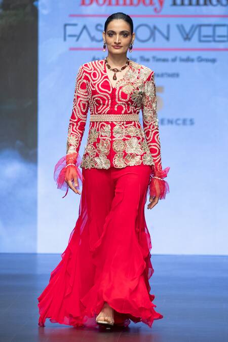 Anu Pellakuru Red Georgette, Silk Zari, Beads, Floral Zardozi Embroidered Jacket Palazzo Set Online at Aza Fashions Anu Pellakuru_Red Georgette, Silk Zari, Beads, Floral Zardozi Embroidered Jacket Palazzo Set _Online_at_Aza_Fashions