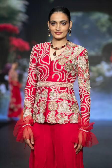 Buy Anu Pellakuru Red Georgette, Silk Zari, Beads, Floral Zardozi Embroidered Jacket Palazzo Set Online at Aza Fashions Buy_Anu Pellakuru_Red Georgette, Silk Zari, Beads, Floral Zardozi Embroidered Jacket Palazzo Set _Online_at_Aza_Fashions