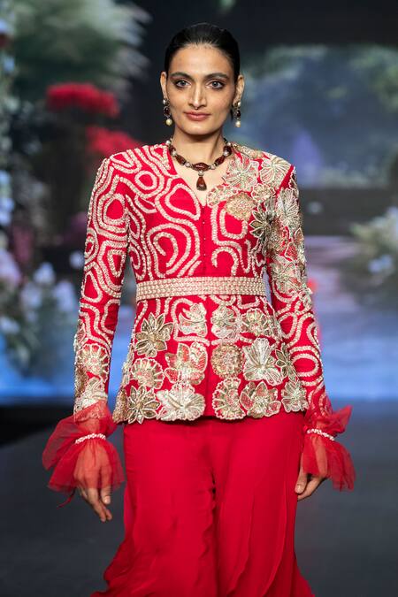 Shop Anu Pellakuru Red Georgette, Silk Zari, Beads, Floral Zardozi Embroidered Jacket Palazzo Set Online at Aza Fashions Shop_Anu Pellakuru_Red Georgette, Silk Zari, Beads, Floral Zardozi Embroidered Jacket Palazzo Set _Online_at_Aza_Fashions