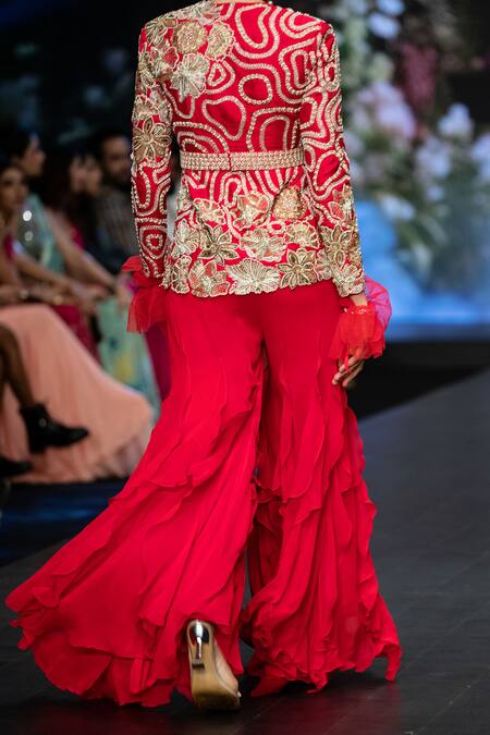 Anu Pellakuru Red Georgette, Silk Zari, Beads, Floral Zardozi Embroidered Jacket Palazzo Set at Aza Fashions Anu Pellakuru_Red Georgette, Silk Zari, Beads, Floral Zardozi Embroidered Jacket Palazzo Set _at_Aza_Fashions