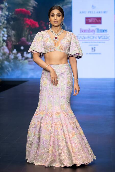 Buy Anu Pellakuru Purple Silk Floral Resham Embroidered Mermaid Bridal Lehenga With Crop Top Online at Aza Fashions Buy_Anu Pellakuru_Purple Silk Floral Resham Embroidered Mermaid Bridal Lehenga With Crop Top _Online_at_Aza_Fashions