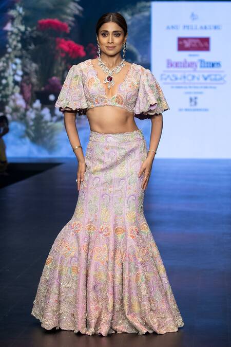 Anu Pellakuru Purple Silk Floral Resham Embroidered Mermaid Bridal Lehenga With Crop Top at Aza Fashions Anu Pellakuru_Purple Silk Floral Resham Embroidered Mermaid Bridal Lehenga With Crop Top _at_Aza_Fashions