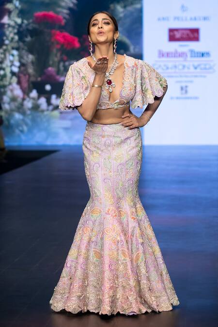 Buy Anu Pellakuru Purple Silk Floral Resham Embroidered Mermaid Bridal Lehenga With Crop Top Buy_Anu Pellakuru_Purple Silk Floral Resham Embroidered Mermaid Bridal Lehenga With Crop Top