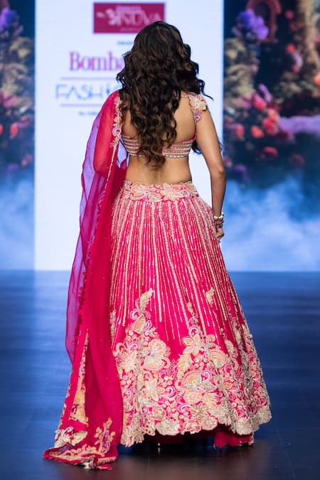 Shop_Anu Pellakuru_Pink Silk, Organza Pearls, Sequins, Floral Resham Embroidered Bridal Lehenga Set _at_Aza_Fashions