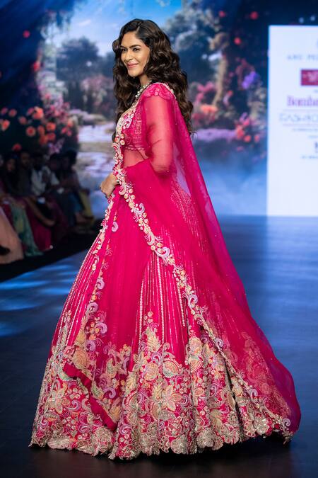 Anu Pellakuru_Pink Silk, Organza Pearls, Sequins, Floral Resham Embroidered Bridal Lehenga Set _Online_at_Aza_Fashions