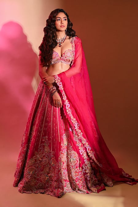 Shop_Anu Pellakuru_Pink Silk, Organza Pearls, Sequins, Floral Resham Embroidered Bridal Lehenga Set _Online_at_Aza_Fashions