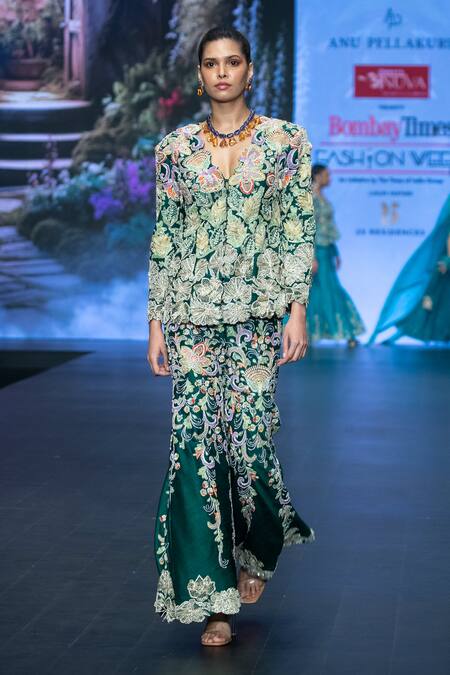 Anu Pellakuru Emerald Green Silk Pearls, Resham Foliage Embroidered Jacket With Sharara Online at Aza Fashions Anu Pellakuru_Emerald Green Silk Pearls, Resham Foliage Embroidered Jacket With Sharara _Online_at_Aza_Fashions