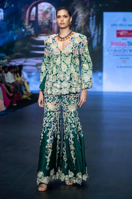 Buy Anu Pellakuru Emerald Green Silk Pearls, Resham Foliage Embroidered Jacket With Sharara Online at Aza Fashions Buy_Anu Pellakuru_Emerald Green Silk Pearls, Resham Foliage Embroidered Jacket With Sharara _Online_at_Aza_Fashions