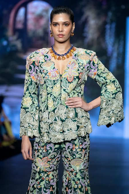 Shop Anu Pellakuru Emerald Green Silk Pearls, Resham Foliage Embroidered Jacket With Sharara Online at Aza Fashions Shop_Anu Pellakuru_Emerald Green Silk Pearls, Resham Foliage Embroidered Jacket With Sharara _Online_at_Aza_Fashions