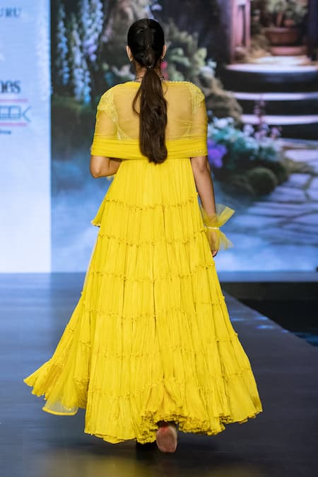 Shop Anu Pellakuru Yellow Chiffon, Net Pearls, Zardozi Embroidered Tiered Anarkali With Dupatta at Aza Fashions Shop_Anu Pellakuru_Yellow Chiffon, Net Pearls, Zardozi Embroidered Tiered Anarkali With Dupatta _at_Aza_Fashions