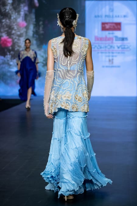 Shop Anu Pellakuru Blue Chiffon, Silk Pearls, Sequins, Zardozi Embroidered Jacket Tunic Sharara Set at Aza Fashions Shop_Anu Pellakuru_Blue Chiffon, Silk Pearls, Sequins, Zardozi Embroidered Jacket Tunic Sharara Set _at_Aza_Fashions