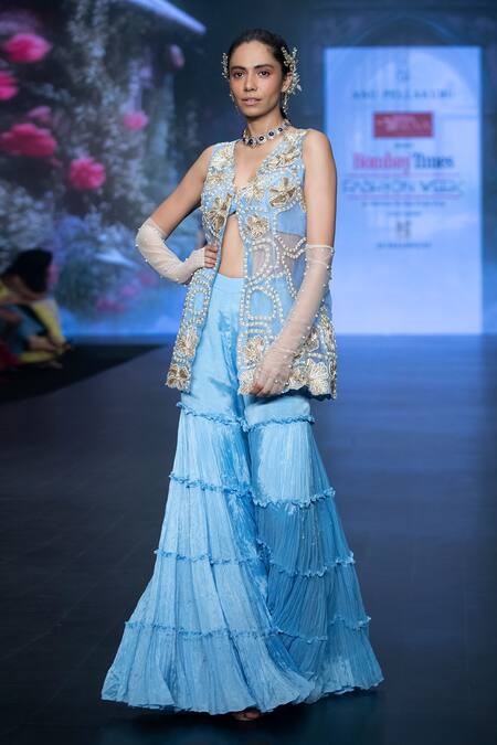 Anu Pellakuru Blue Chiffon, Silk Pearls, Sequins, Zardozi Embroidered Jacket Tunic Sharara Set Online at Aza Fashions Anu Pellakuru_Blue Chiffon, Silk Pearls, Sequins, Zardozi Embroidered Jacket Tunic Sharara Set _Online_at_Aza_Fashions