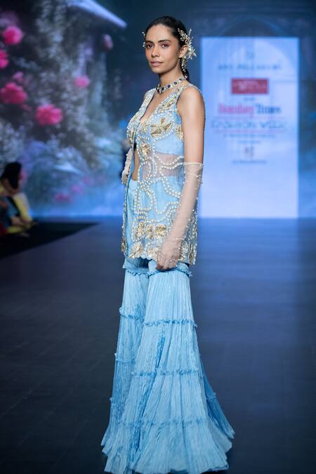 Buy Anu Pellakuru Blue Chiffon, Silk Pearls, Sequins, Zardozi Embroidered Jacket Tunic Sharara Set Online at Aza Fashions Buy_Anu Pellakuru_Blue Chiffon, Silk Pearls, Sequins, Zardozi Embroidered Jacket Tunic Sharara Set _Online_at_Aza_Fashions