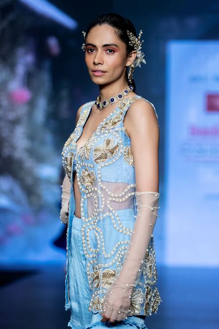 Shop Anu Pellakuru Blue Chiffon, Silk Pearls, Sequins, Zardozi Embroidered Jacket Tunic Sharara Set Online at Aza Fashions Shop_Anu Pellakuru_Blue Chiffon, Silk Pearls, Sequins, Zardozi Embroidered Jacket Tunic Sharara Set _Online_at_Aza_Fashions