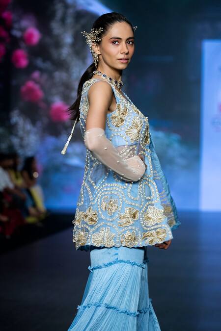 Anu Pellakuru Blue Chiffon, Silk Pearls, Sequins, Zardozi Embroidered Jacket Tunic Sharara Set at Aza Fashions Anu Pellakuru_Blue Chiffon, Silk Pearls, Sequins, Zardozi Embroidered Jacket Tunic Sharara Set _at_Aza_Fashions