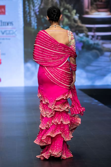 Shop Anu Pellakuru Pink Silk, Satin, Chiffon Resham Tiered Ruffle Pre-draped Saree With Blouse at Aza Fashions Shop_Anu Pellakuru_Pink Silk, Satin, Chiffon Resham Tiered Ruffle Pre-draped Saree With Blouse _at_Aza_Fashions