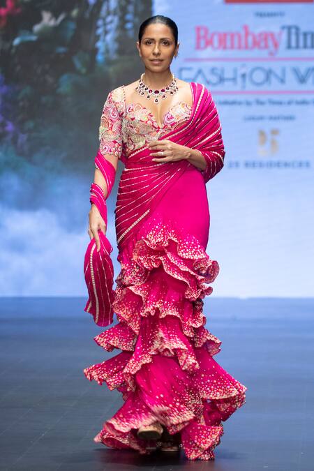 Anu Pellakuru Pink Silk, Satin, Chiffon Resham Tiered Ruffle Pre-draped Saree With Blouse Online at Aza Fashions Anu Pellakuru_Pink Silk, Satin, Chiffon Resham Tiered Ruffle Pre-draped Saree With Blouse _Online_at_Aza_Fashions
