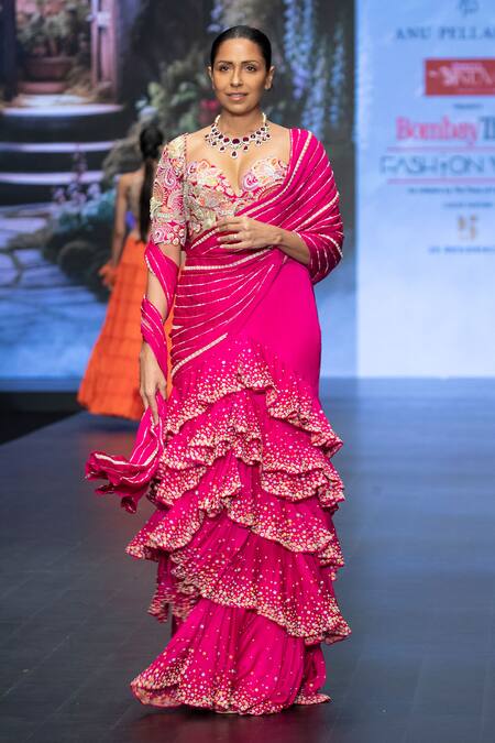 Buy Anu Pellakuru Pink Silk, Satin, Chiffon Resham Tiered Ruffle Pre-draped Saree With Blouse Online at Aza Fashions Buy_Anu Pellakuru_Pink Silk, Satin, Chiffon Resham Tiered Ruffle Pre-draped Saree With Blouse _Online_at_Aza_Fashions