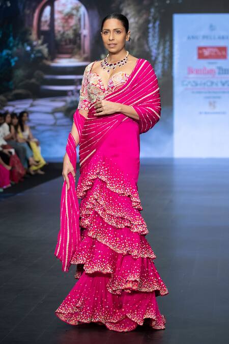 Shop Anu Pellakuru Pink Silk, Satin, Chiffon Resham Tiered Ruffle Pre-draped Saree With Blouse Online at Aza Fashions Shop_Anu Pellakuru_Pink Silk, Satin, Chiffon Resham Tiered Ruffle Pre-draped Saree With Blouse _Online_at_Aza_Fashions