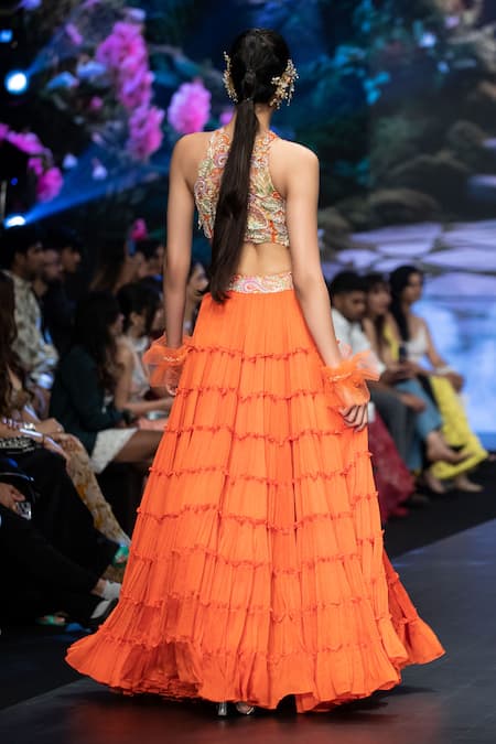Shop Anu Pellakuru Orange Chiffon, Embellished Waist Tiered Lehenga With Embroidered Crop Top at Aza Fashions Shop_Anu Pellakuru_Orange Chiffon, Embellished Waist Tiered Lehenga With Embroidered Crop Top _at_Aza_Fashions
