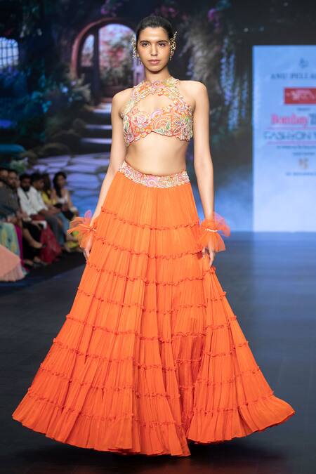 Anu Pellakuru Orange Chiffon, Embellished Waist Tiered Lehenga With Embroidered Crop Top Online at Aza Fashions Anu Pellakuru_Orange Chiffon, Embellished Waist Tiered Lehenga With Embroidered Crop Top _Online_at_Aza_Fashions