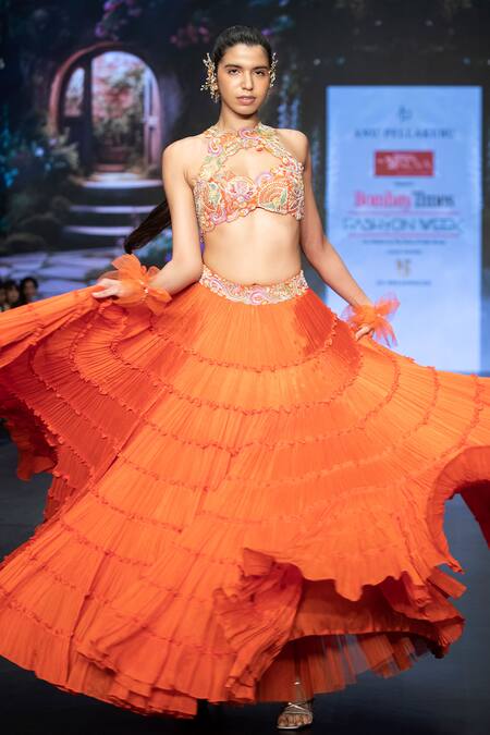 Shop Anu Pellakuru Orange Chiffon, Embellished Waist Tiered Lehenga With Embroidered Crop Top Online at Aza Fashions Shop_Anu Pellakuru_Orange Chiffon, Embellished Waist Tiered Lehenga With Embroidered Crop Top _Online_at_Aza_Fashions
