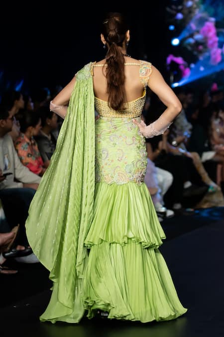 Shop Anu Pellakuru Green Silk, Satin, Embroidered Tiered Ruffle Pre-draped Saree With Blouse at Aza Fashions Shop_Anu Pellakuru_Green Silk, Satin, Embroidered Tiered Ruffle Pre-draped Saree With Blouse _at_Aza_Fashions