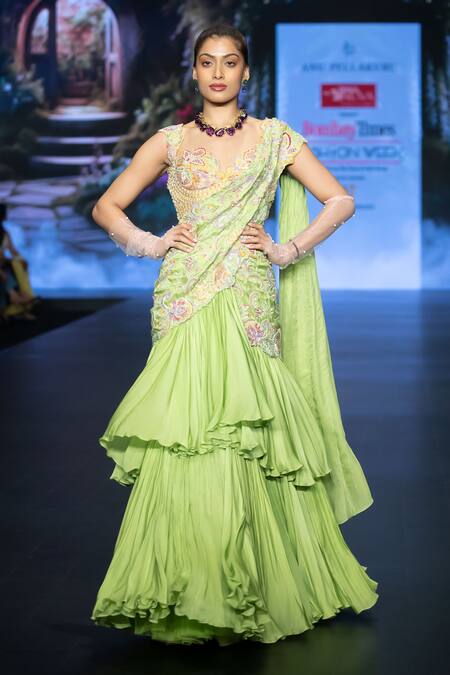Anu Pellakuru Green Silk, Satin, Embroidered Tiered Ruffle Pre-draped Saree With Blouse Online at Aza Fashions Anu Pellakuru_Green Silk, Satin, Embroidered Tiered Ruffle Pre-draped Saree With Blouse _Online_at_Aza_Fashions