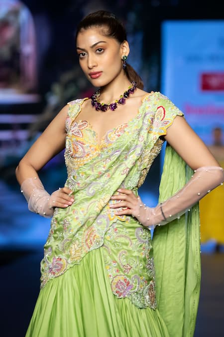 Shop Anu Pellakuru Green Silk, Satin, Embroidered Tiered Ruffle Pre-draped Saree With Blouse Online at Aza Fashions Shop_Anu Pellakuru_Green Silk, Satin, Embroidered Tiered Ruffle Pre-draped Saree With Blouse _Online_at_Aza_Fashions