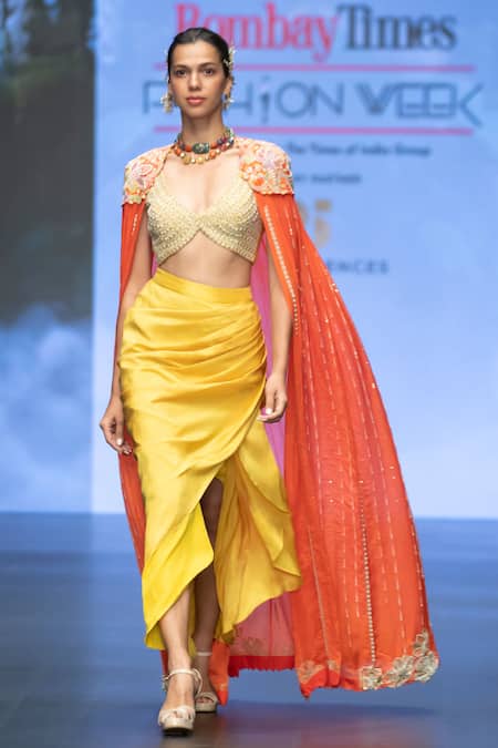 Buy_Anu Pellakuru_Orange Silk Sequins, Embroidery V-neck Resham Floral Cape Draped Skirt Set _Online_at_Aza_Fashions