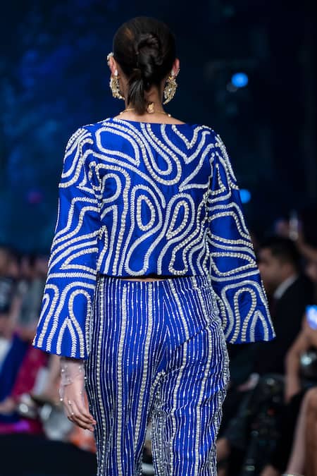 Shop Anu Pellakuru Blue , Organza Pearls, Sequins, Beads, Wavy Jacket Flared Pant Set at Aza Fashions Shop_Anu Pellakuru_Blue , Organza Pearls, Sequins, Beads, Wavy Jacket Flared Pant Set _at_Aza_Fashions