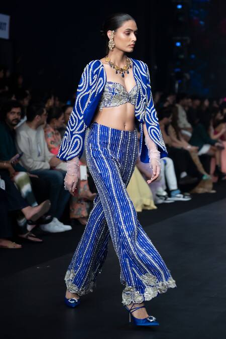 Anu Pellakuru Blue , Organza Pearls, Sequins, Beads, Wavy Jacket Flared Pant Set Online at Aza Fashions Anu Pellakuru_Blue , Organza Pearls, Sequins, Beads, Wavy Jacket Flared Pant Set _Online_at_Aza_Fashions