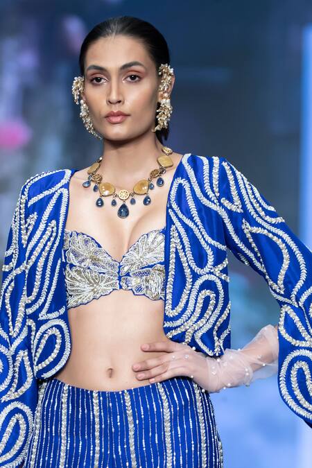 Shop Anu Pellakuru Blue , Organza Pearls, Sequins, Beads, Wavy Jacket Flared Pant Set Online at Aza Fashions Shop_Anu Pellakuru_Blue , Organza Pearls, Sequins, Beads, Wavy Jacket Flared Pant Set _Online_at_Aza_Fashions