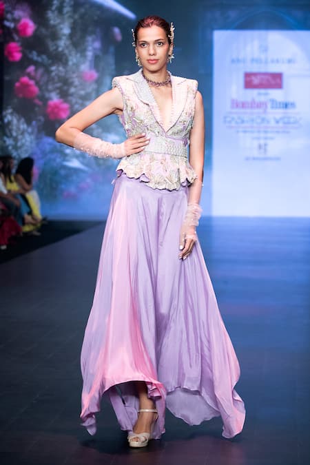 Shop Anu Pellakuru Purple Silk Pearls, Sequins, Beads, Zardozi Embroidered Jacket Draped Pant Set at Aza Fashions Shop_Anu Pellakuru_Purple Silk Pearls, Sequins, Beads, Zardozi Embroidered Jacket Draped Pant Set _at_Aza_Fashions