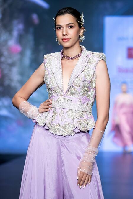 Shop Anu Pellakuru Purple Silk Pearls, Sequins, Beads, Zardozi Embroidered Jacket Draped Pant Set Online at Aza Fashions Shop_Anu Pellakuru_Purple Silk Pearls, Sequins, Beads, Zardozi Embroidered Jacket Draped Pant Set _Online_at_Aza_Fashions