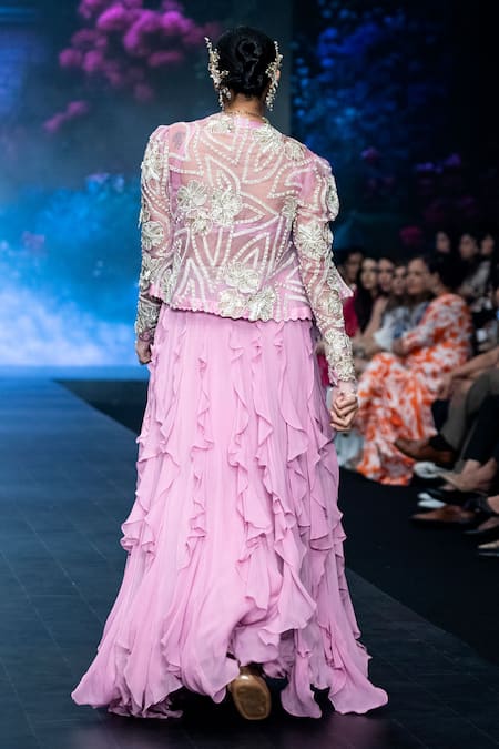 Shop Anu Pellakuru Purple Silk, Organza, Georgette Ruffle Lehenga Zardozi Embroidered Jacket Set at Aza Fashions Shop_Anu Pellakuru_Purple Silk, Organza, Georgette Ruffle Lehenga Zardozi Embroidered Jacket Set _at_Aza_Fashions