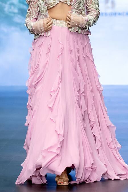 Anu Pellakuru Purple Silk, Organza, Georgette Ruffle Lehenga Zardozi Embroidered Jacket Set Online at Aza Fashions Anu Pellakuru_Purple Silk, Organza, Georgette Ruffle Lehenga Zardozi Embroidered Jacket Set _Online_at_Aza_Fashions